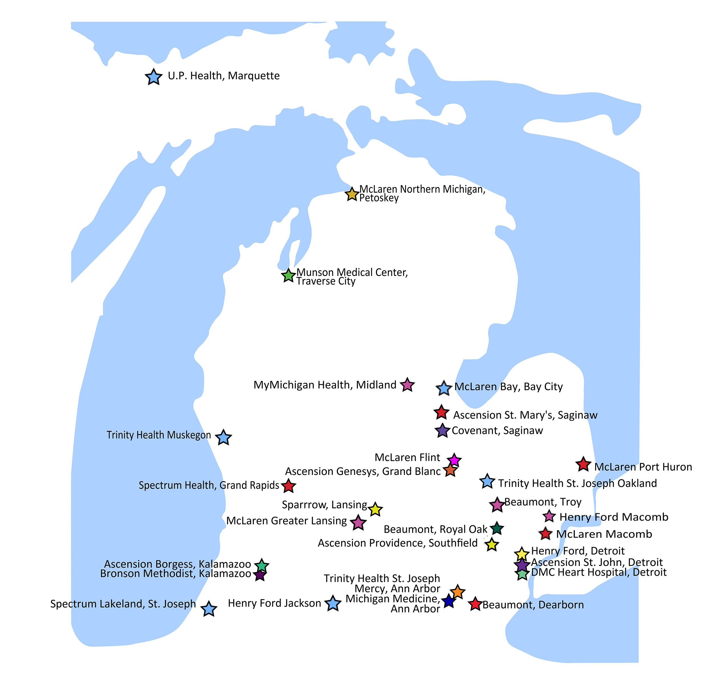 Map of Michigan with stars marking site locations.
